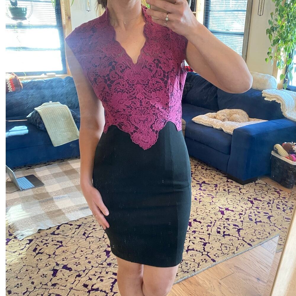 Venus pink and black lace short sleeve sheath dress